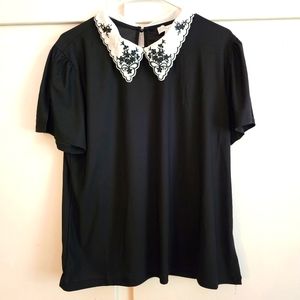 Luxology black white floral Peterman collar goth top blouse